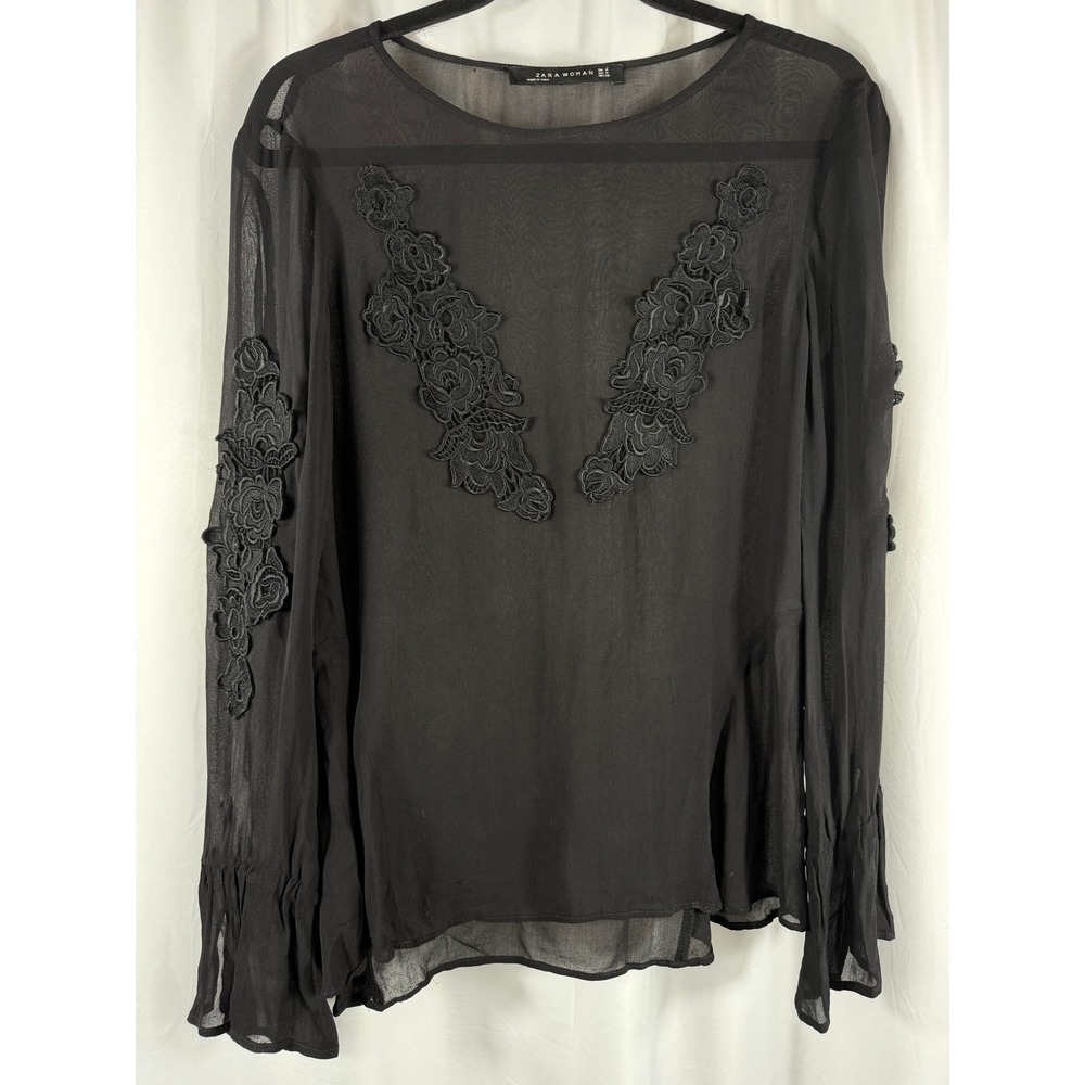 ZARA WOMAN‎ Black Sheer Bell Sleeve Floral Applique Blouse Top Size M